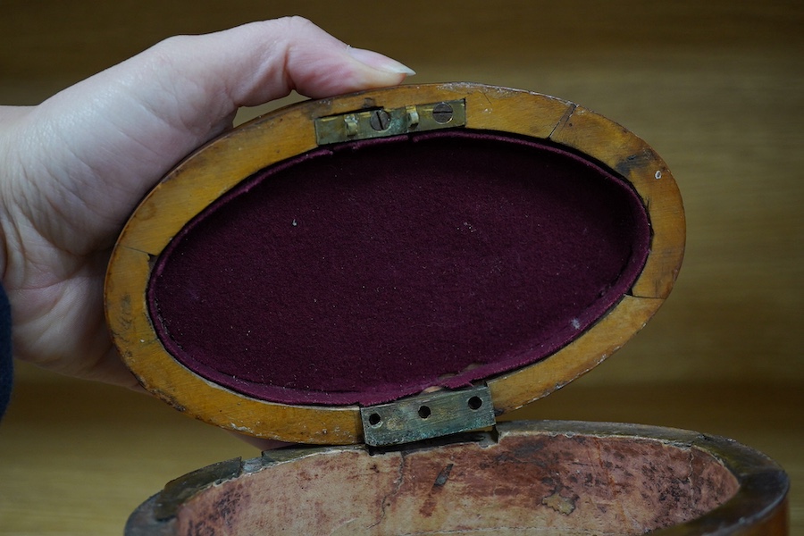 A George III oval satinwood and mahogany tea caddy, 15cm wide. Condition - poor